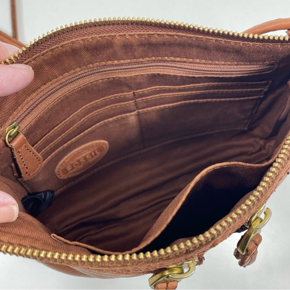 Vintage Fossil Erin Cognac Caramel Brown Pebbled Leather Top Zip Crossbody Bag - Picture 6 of 16